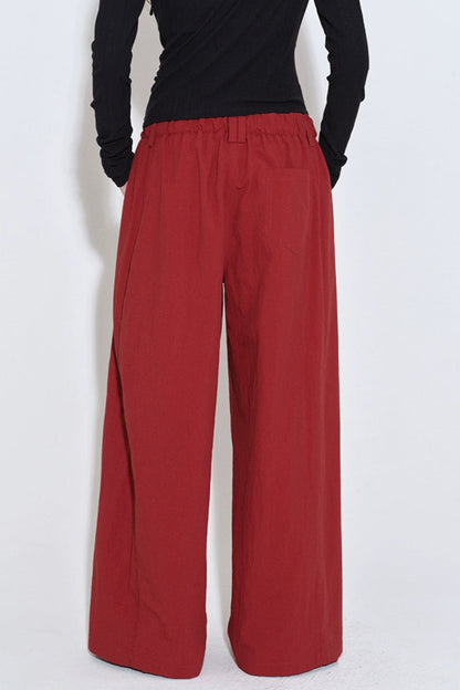 Dark Red Drawstring Beaded Straight Pants B4210
