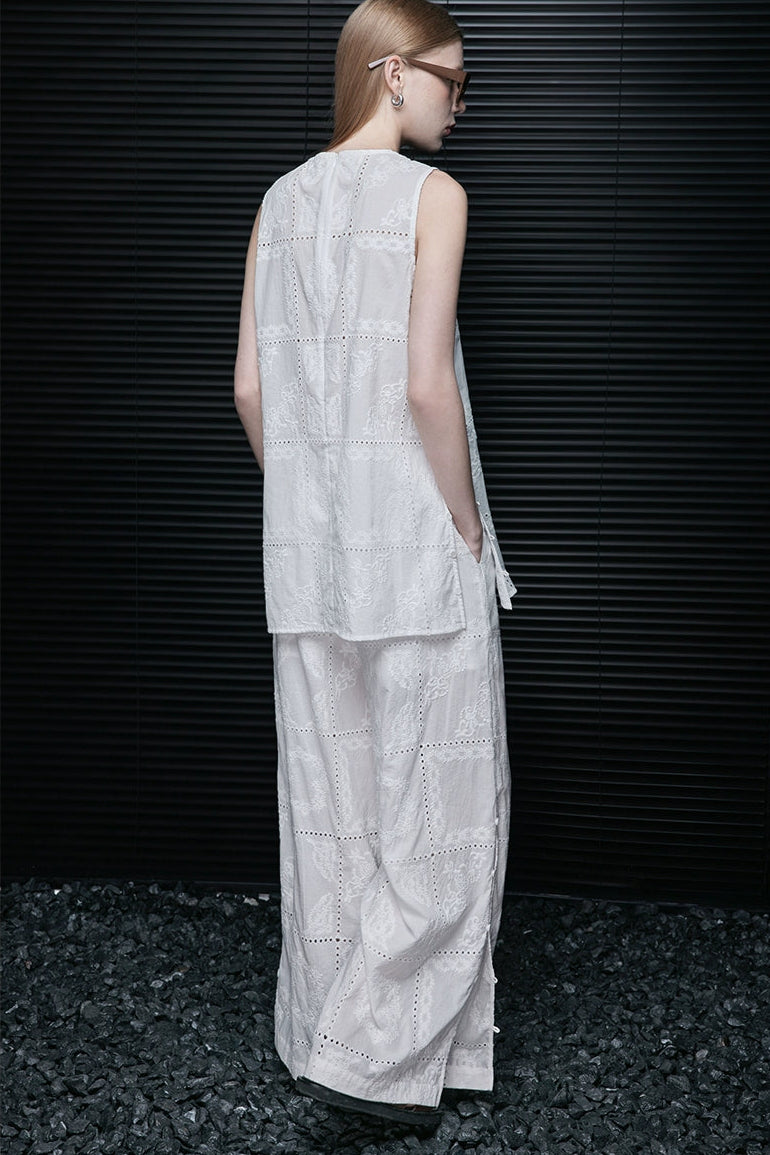 ホワイトコットンレースストレートルーズパンツ　B4078