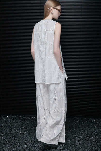 ホワイトコットンレースストレートルーズパンツ　B4078