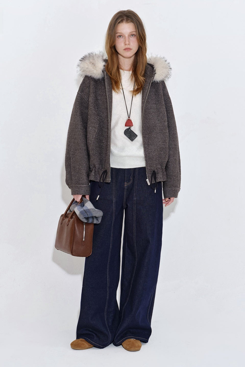 人造毛皮連帽羊毛混紡圈圈保暖外套 B4399