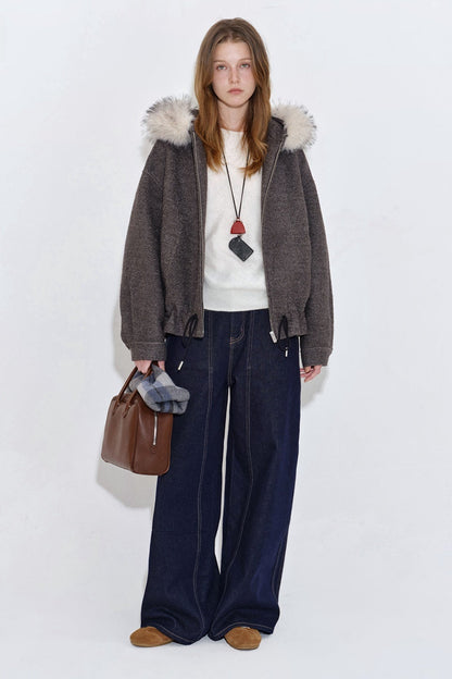 人造毛皮連帽羊毛混紡圈圈保暖外套 B4399