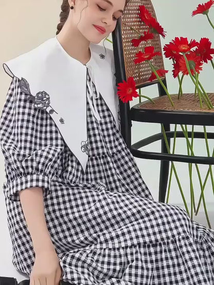 玫瑰刺繡仿色格紋洋裝 B3756