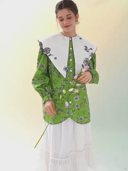 Green rose print large lapel blouse B3758