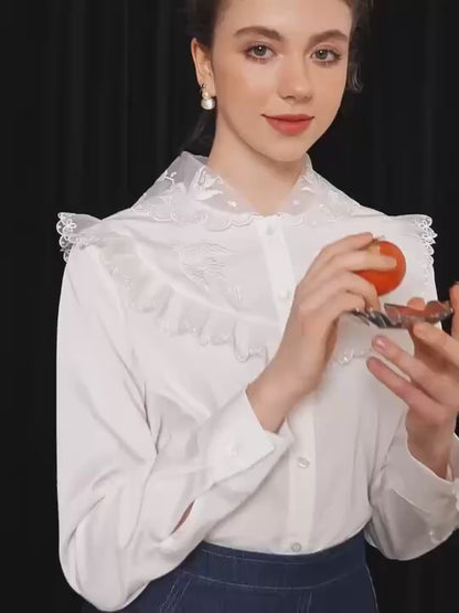 白色蕾絲雙領繡上衣B3755
