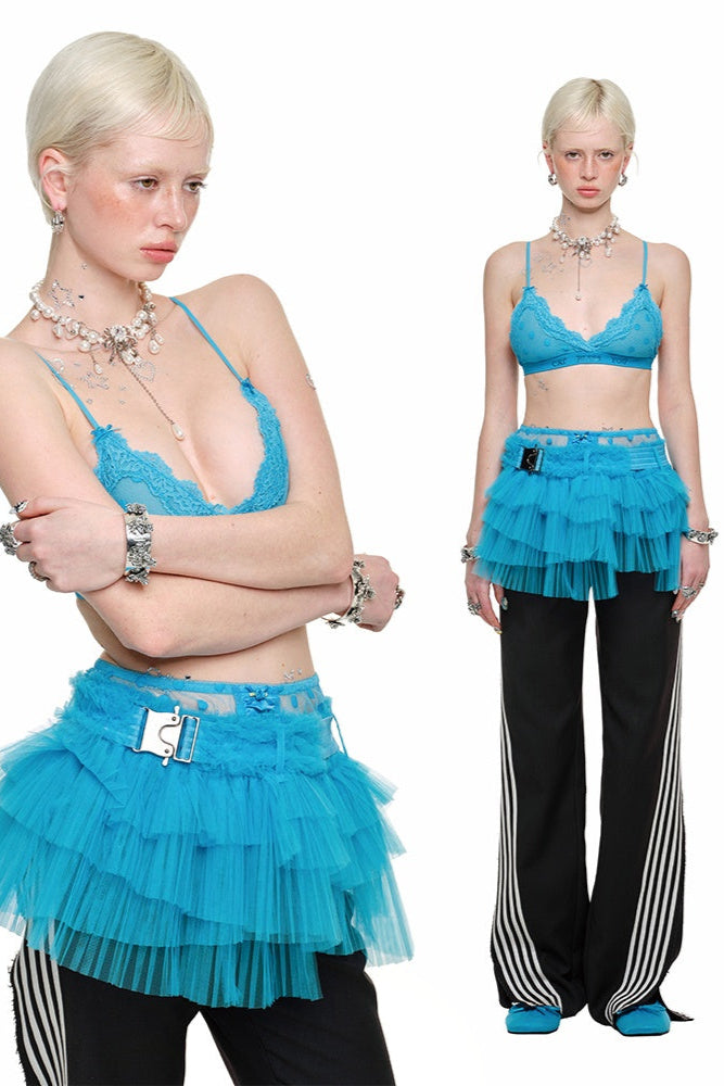 Multi-layer pleated mesh skirt B3790