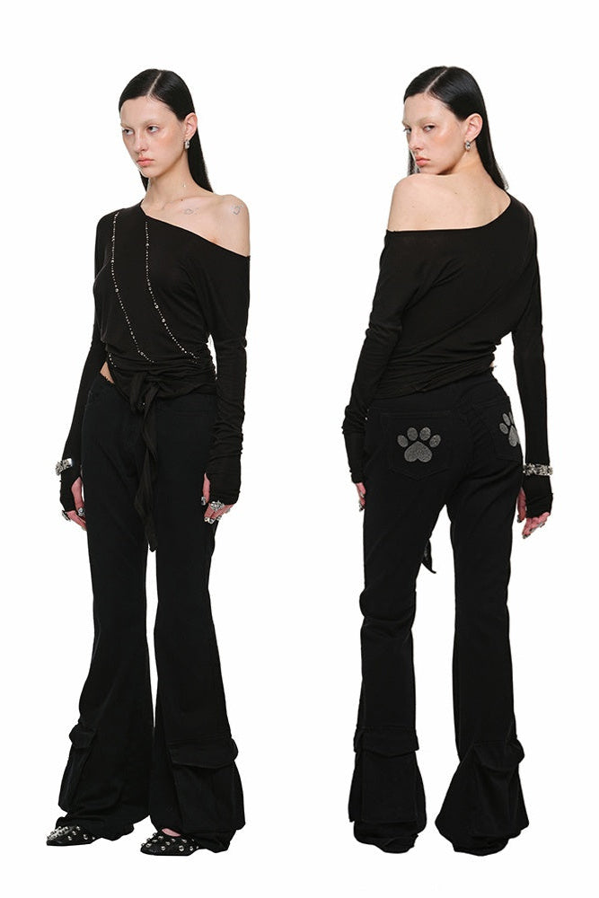 大口袋水洗帆布復古喇叭褲 B3792