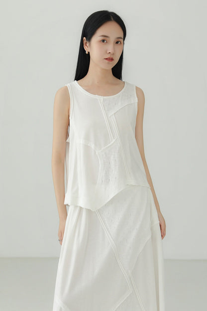 棉質不規則拼布無袖上衣 B4135