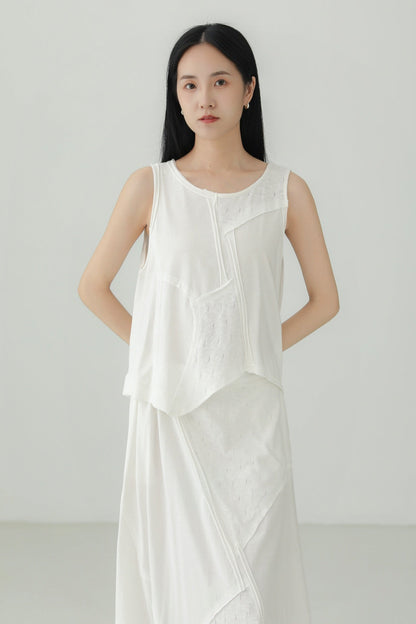 棉質不規則拼布無袖上衣 B4135