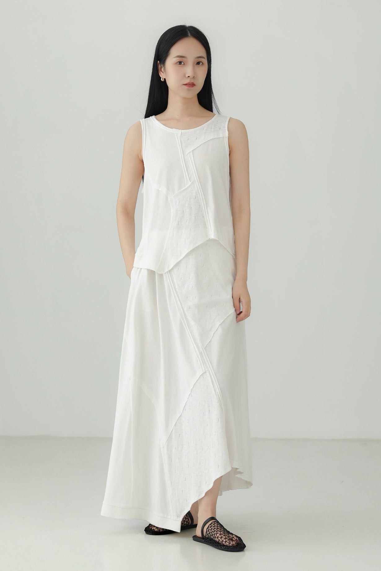 棉質不規則拼布無袖上衣 B4135