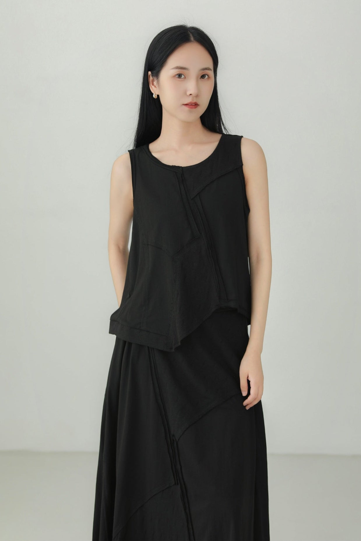 棉質不規則拼布無袖上衣 B4135