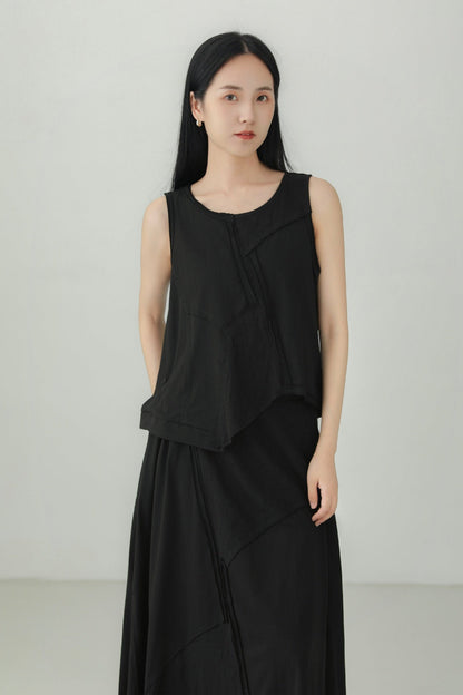 棉質不規則拼布無袖上衣 B4135