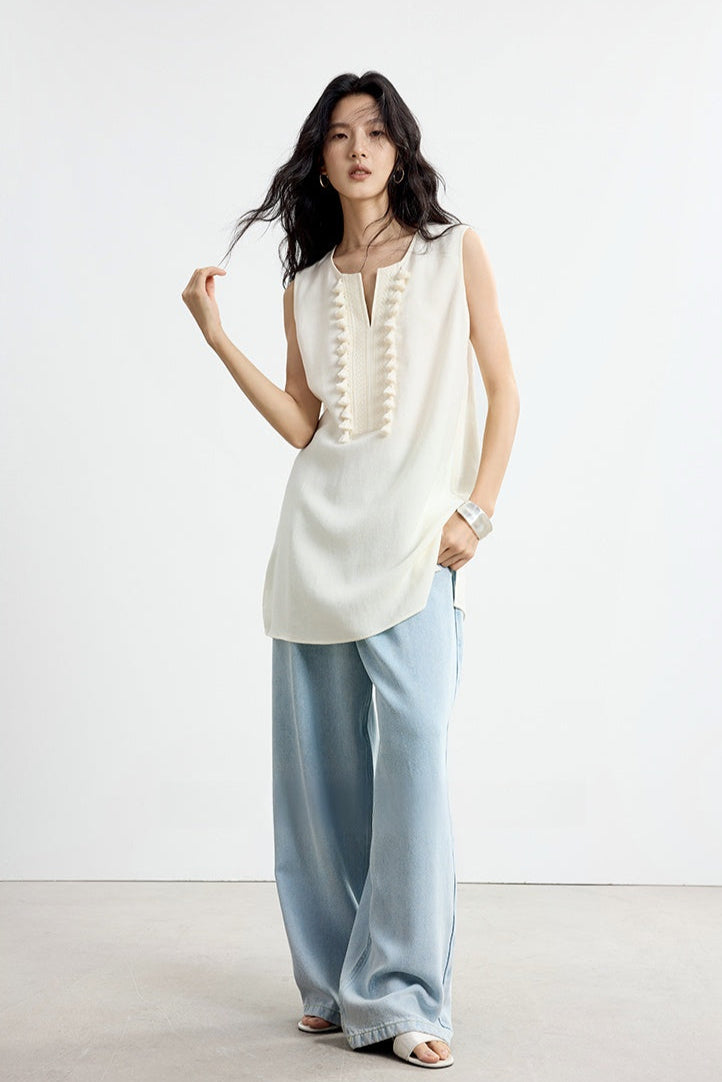 流蘇刺繡法式無袖上衣 B4139