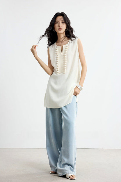 流蘇刺繡法式無袖上衣 B4139