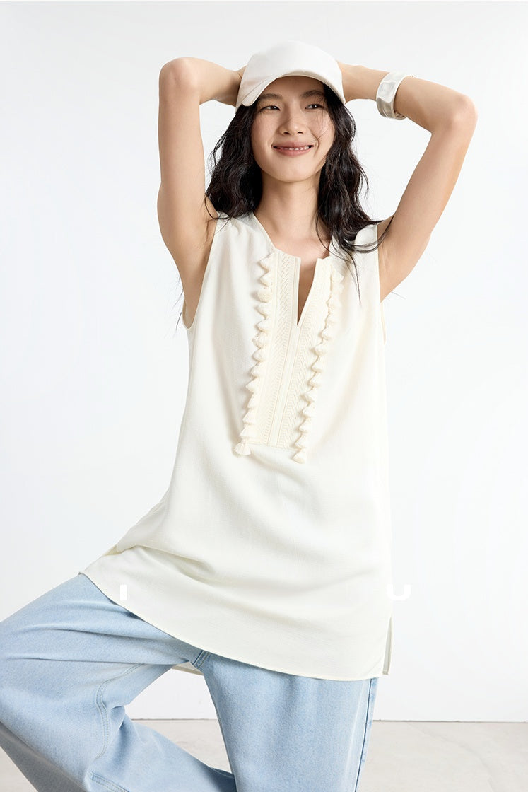 流蘇刺繡法式無袖上衣 B4139