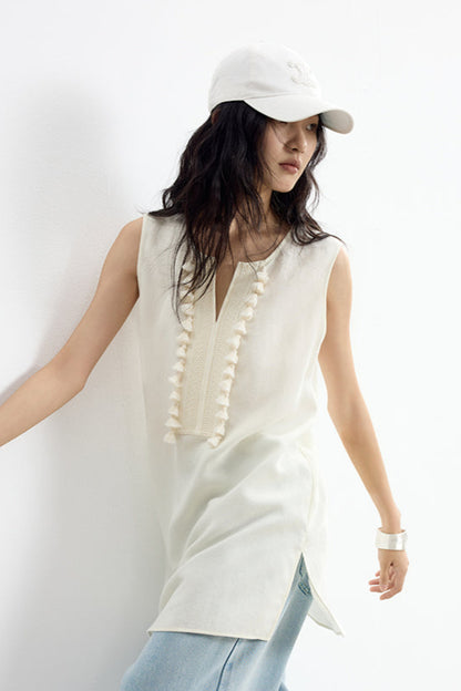 流蘇刺繡法式無袖上衣 B4139