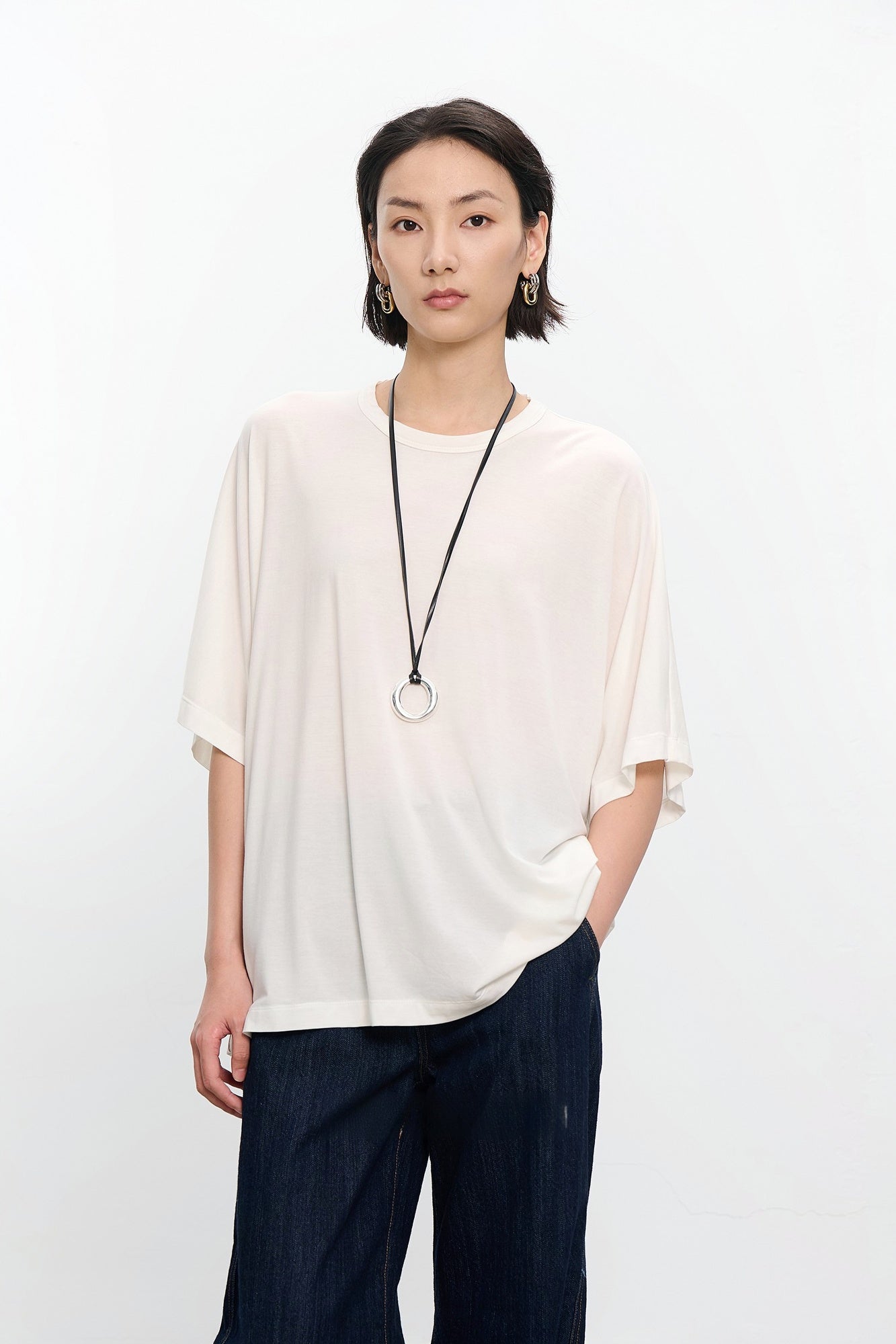Summer Tencel wool 5/8 sleeve loose T-shirt B4179