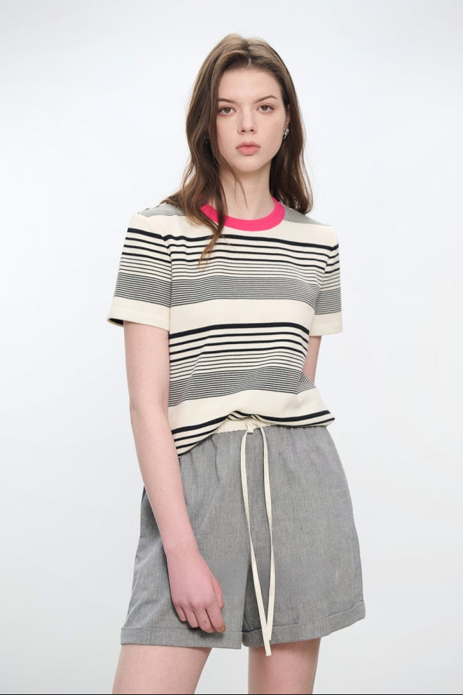 コントラストクルーネック半袖ストライプTシャツ　B4181