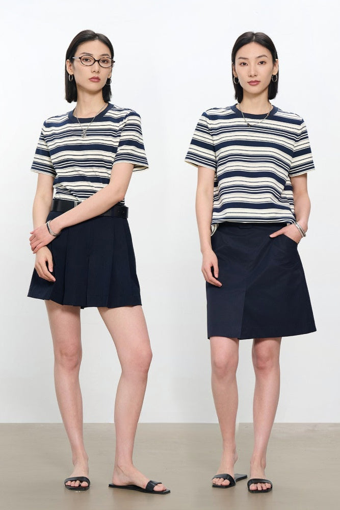 コントラストクルーネック半袖ストライプTシャツ　B4181