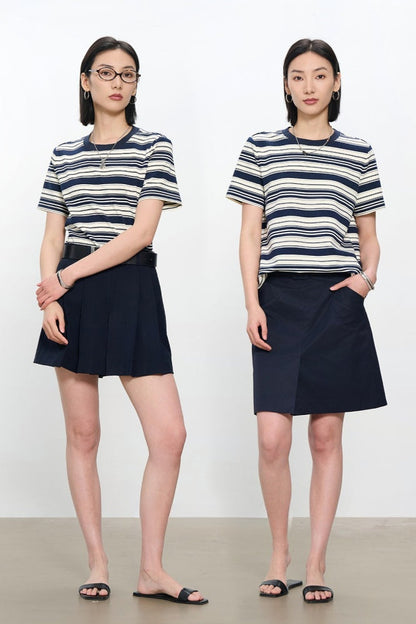 コントラストクルーネック半袖ストライプTシャツ　B4181