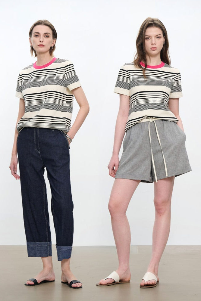 コントラストクルーネック半袖ストライプTシャツ　B4181