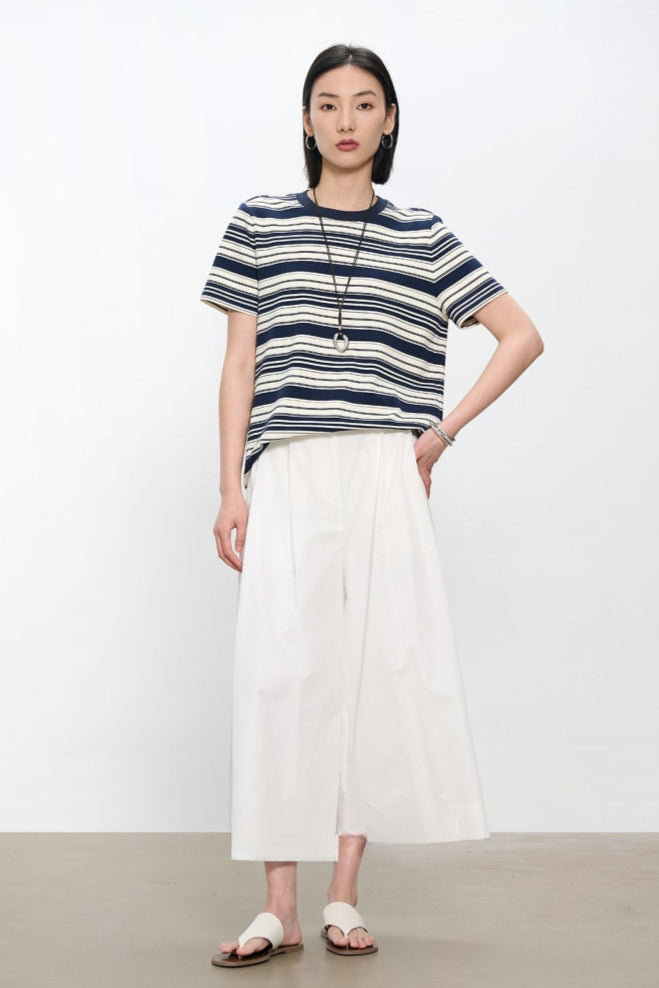 コントラストクルーネック半袖ストライプTシャツ　B4181