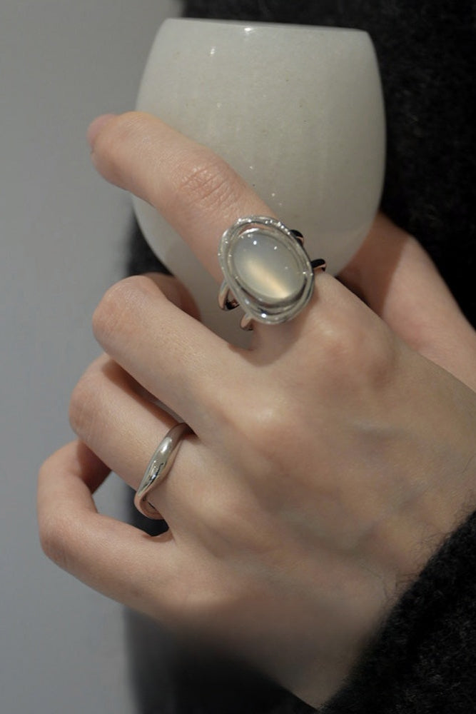 S925 White Agate Retro Open Ring B4182