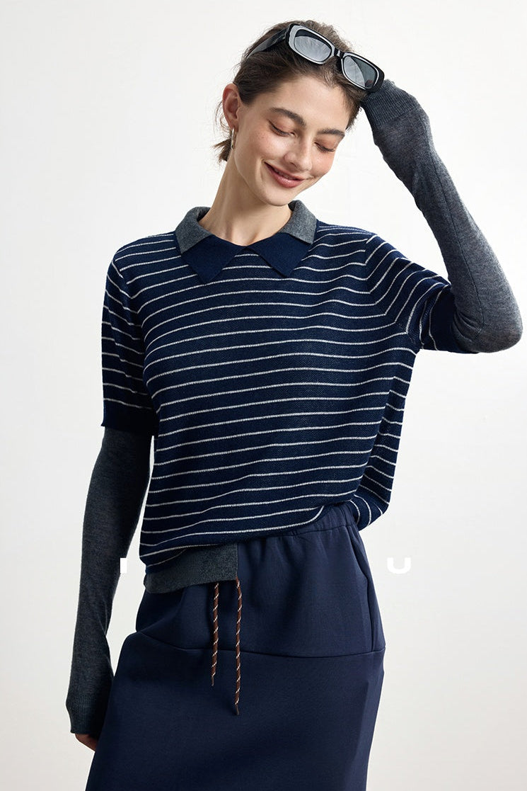 Striped wool blend fake two-piece sweater B4305
