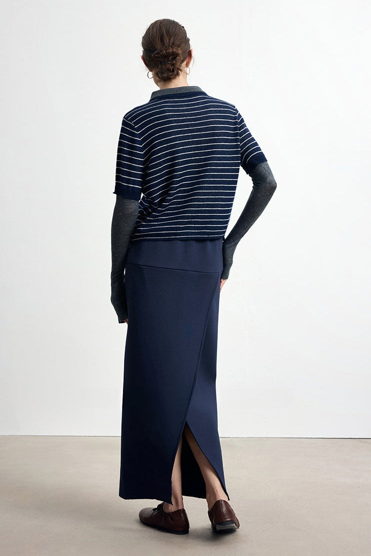 Striped wool blend fake two-piece sweater B4305