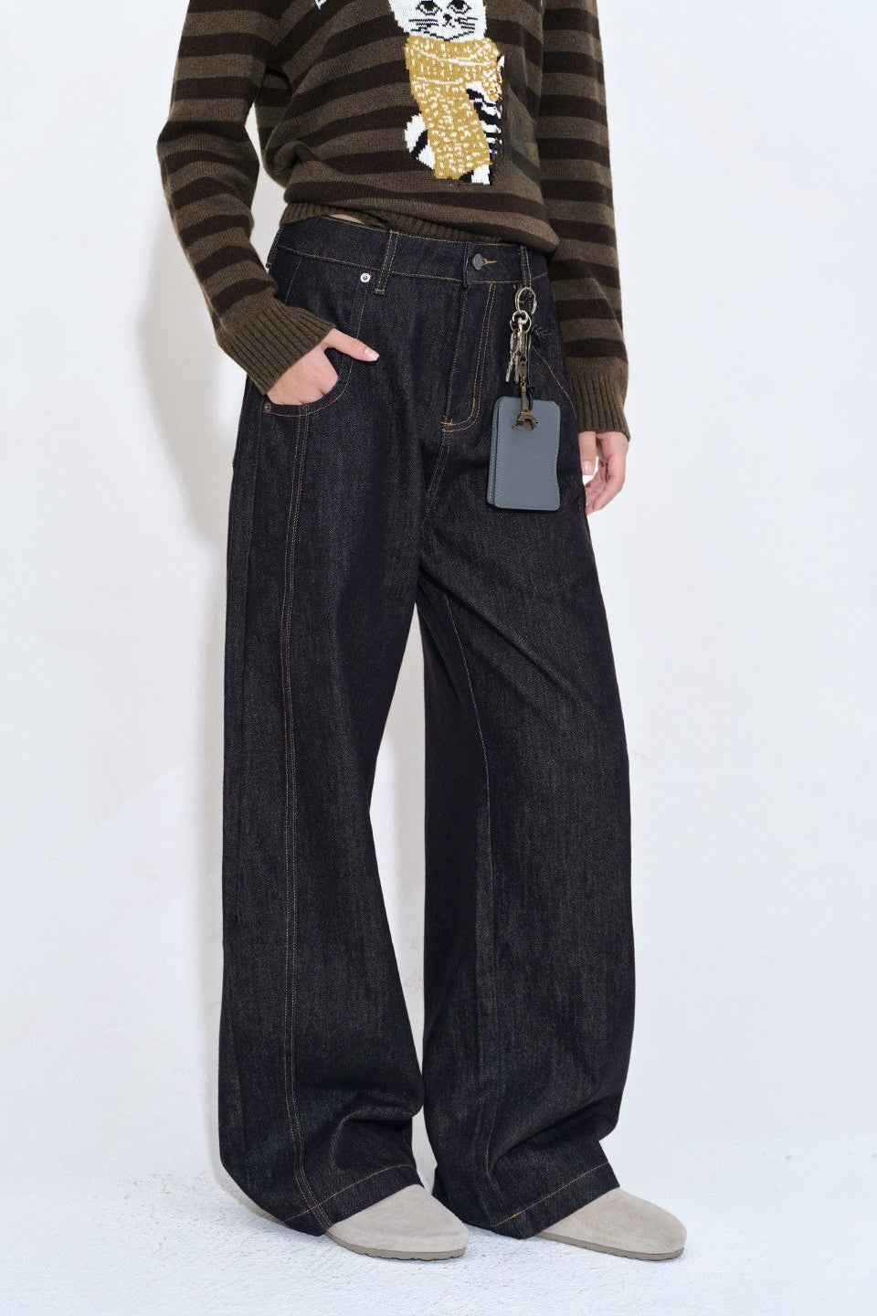 扣環撞色壓線牛仔褲 B4398