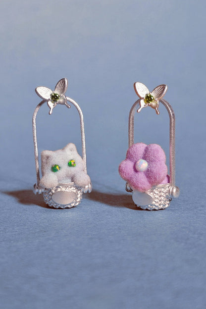 可愛小貓蝴蝶不對稱彩色耳環 B4463