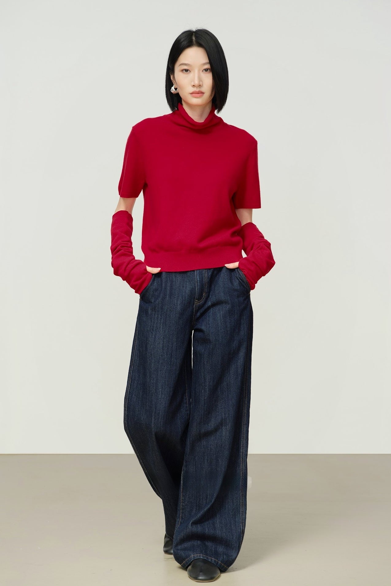 羊絨羊毛高領短袖毛衣，附袖套 B4482