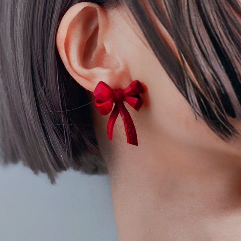 Red Polygon Ribbon Earrings B1088