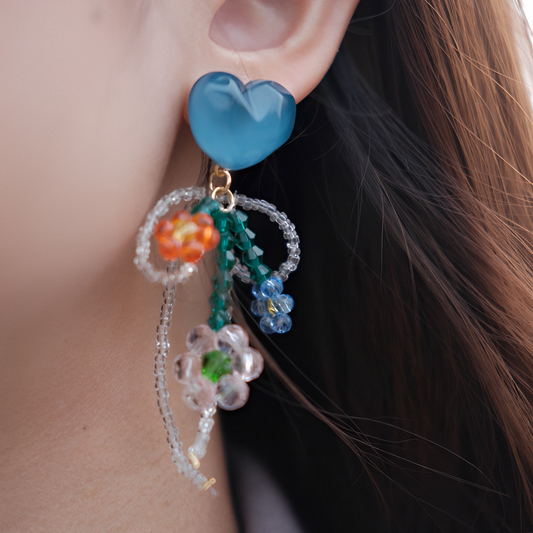 橙藍色珠子水晶花朵夏季耳環 B1163