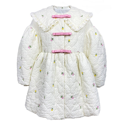 Flower embroidery mid-length quilted jacket