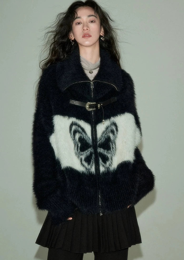 butterfly pattern imitation mink knitted cardigan jacket B2237