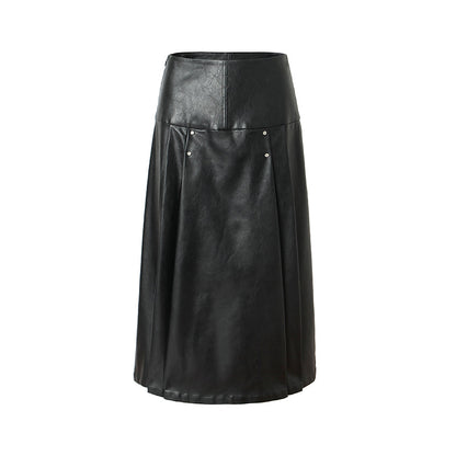 A-line rivet mid-length black leather skirt