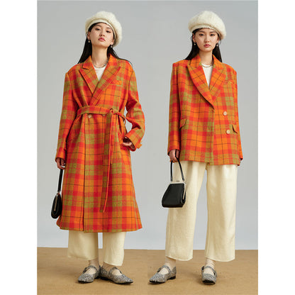 Retro orange plaid short and long coat