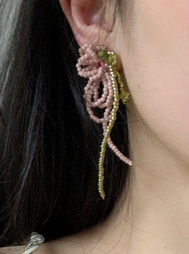 Pink fairy bead tassel earrings B1824