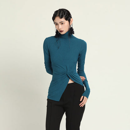Elastic long-sleeved high-necked wool top