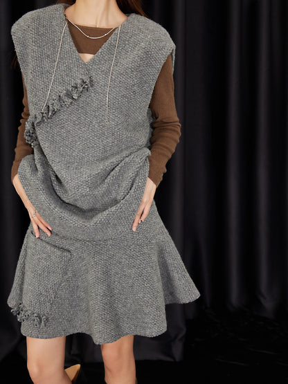 Knitted wool ruffle fringe A-line short skirt