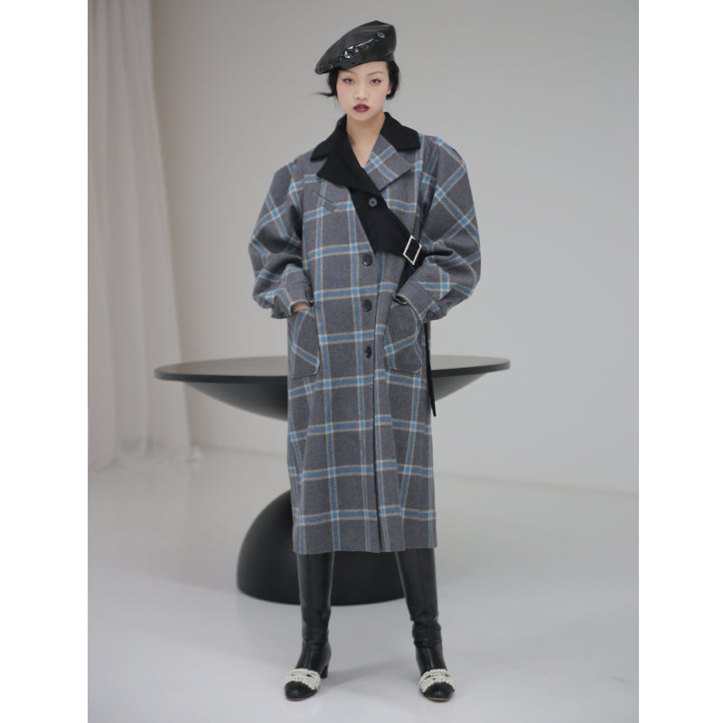Contrast color silhouette wool plaid coat