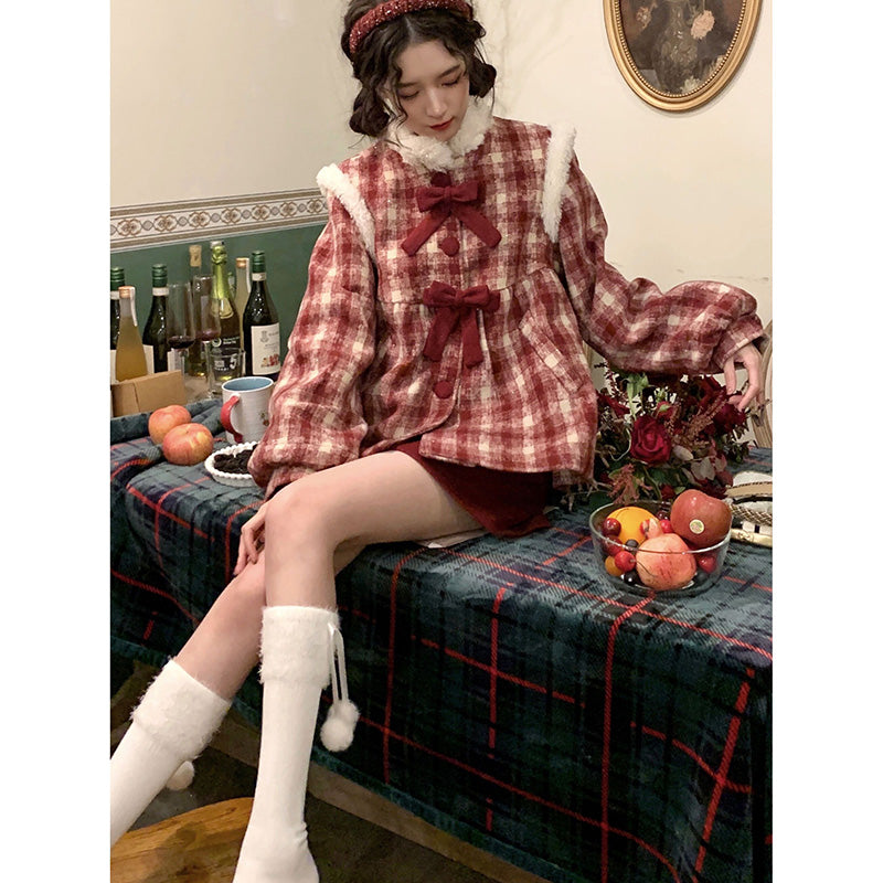 Red plaid short wool jacket and skirt