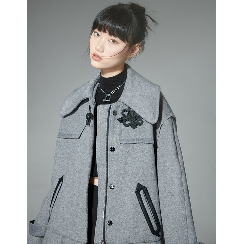 Buckle Leather Mid-length Wool Coat