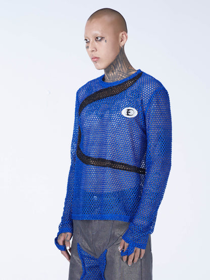 Blue hollow stitching mesh long-sleeved shirt