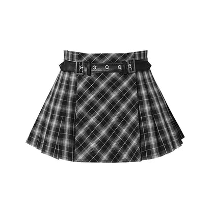 Plaid pleated mid-waist skirt