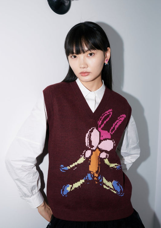 Contrast Color Rabbit Knit Vest B2013