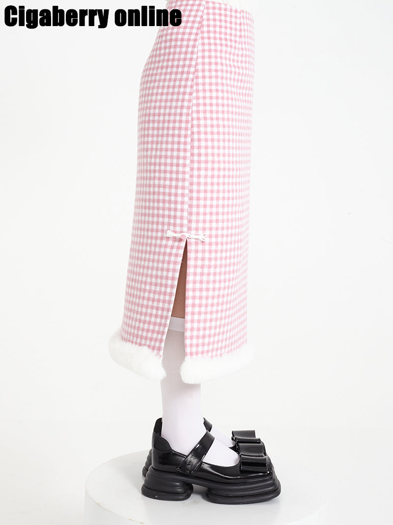 Pink plaid long nad mini skirt