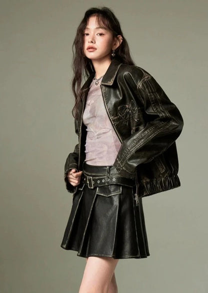 Retro Pleated Leather Skirt　B2231