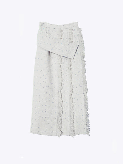 Creamy white tassel slit tweed skirt