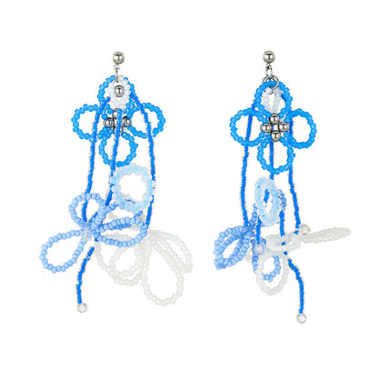 Blue beads long flower earrings B1802